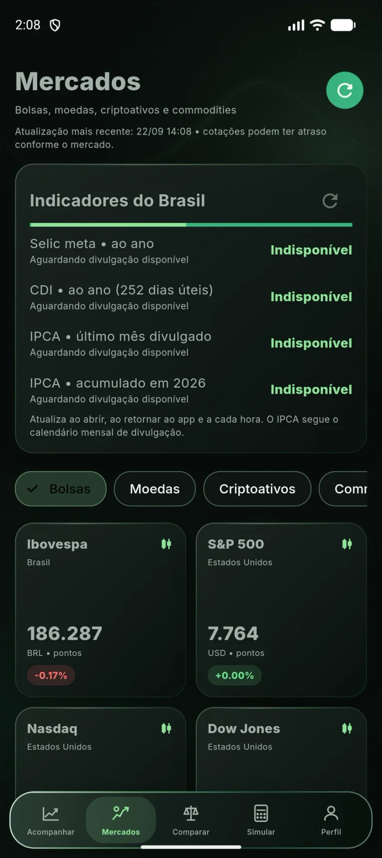 Visão de mercados no aplicativo